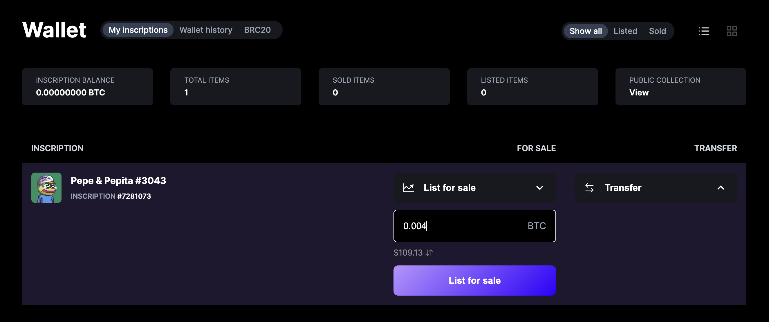 Ordinals Wallet NFT Sell