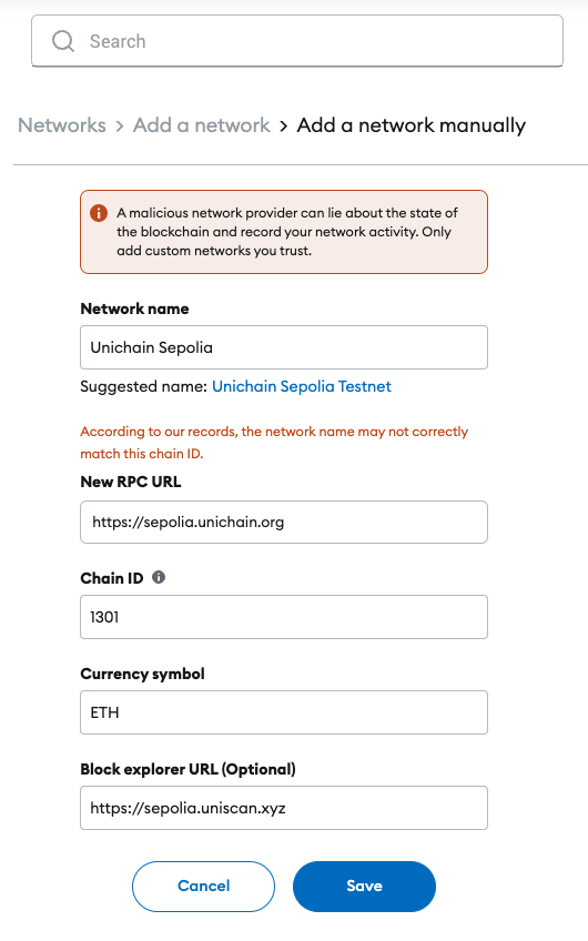 Unichain Testnet MetaMask