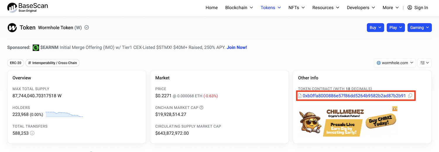 BaseScan Wormhole Token Contract Address